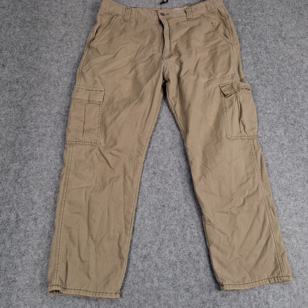 Wrangler Cargo Pants Mens 36x28 Tan Fleece Lined Relaxed Fit Twill Workwear